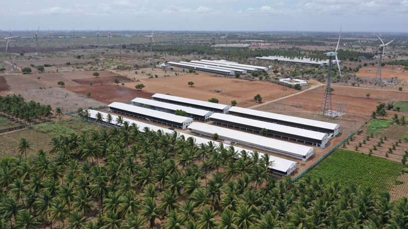 Aerial view of Kasthuri Breeding Farms brooding and growing unit