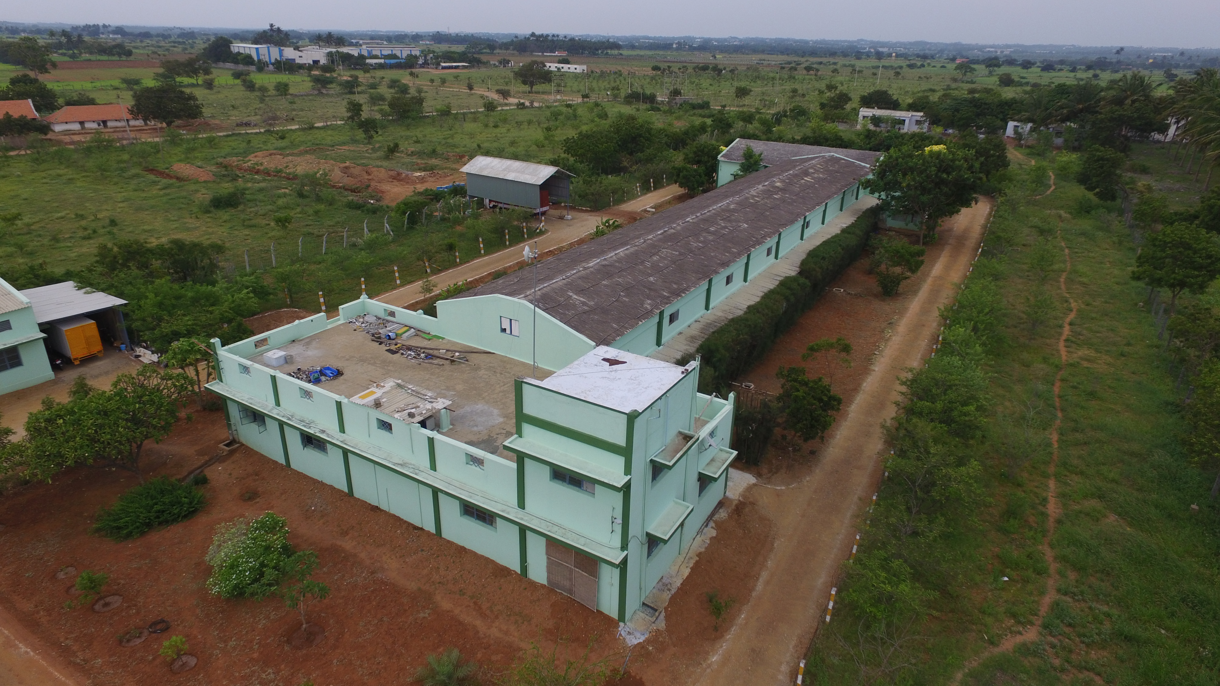 Aerial view of the Kasthuri Breeding Farms hatchery building at Palladam Puliampatti